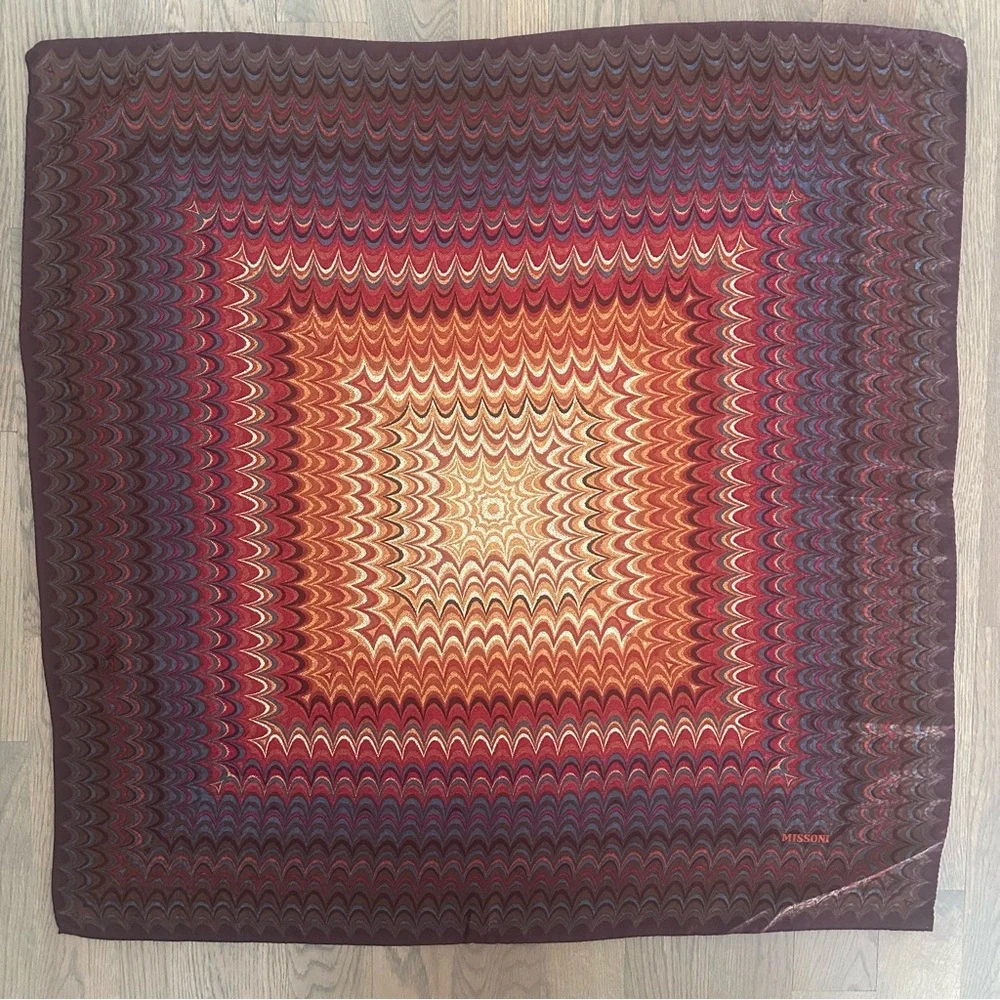 Vintage Missoni Marbled Silk Scarf in Red, Rust, Blue, Brown, Cream 33.5